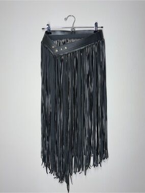 Black Fringe Faux-Leather Midi Skirt